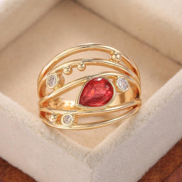 Elegant Red Pear Shape AAA Zircon Crystals Luxury Gold Color Hollow-out Ring - The Jewellery Supermarket